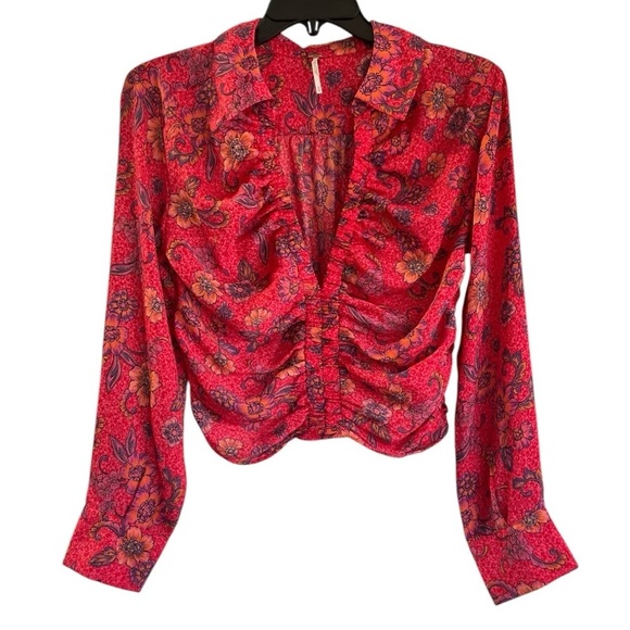 Free People Long Sleeve Floral V-Neck I Got You Printed Top Red Size Medium - Picture 2 of 16